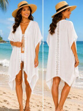 Rachel Zoe White Embroidered Swim Cover Up Caftan OS